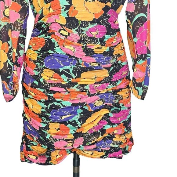 Rixo Black Silk Golden Floral Ruched Mini Dress | Size 6 - Picture 2 of 12